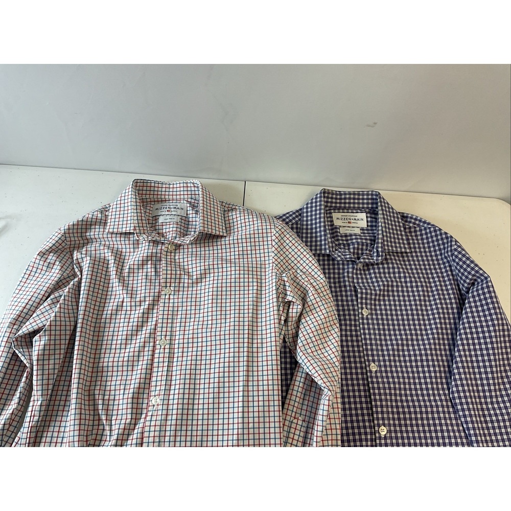 Lot of 2 Mizzen + Main Mens L Leeward Trim Fit Performance Button Up Shirt Plaid